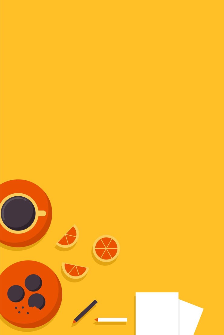 Oranges and a cup of coffee with oranges on a yellow background