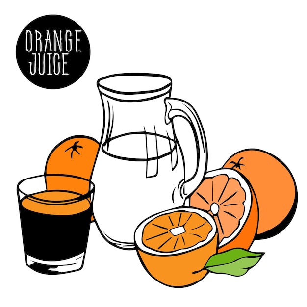 Vector oranges, mandarins whole and half slices with jug of freshly squeezed juice vitamin c, ascorbic acid