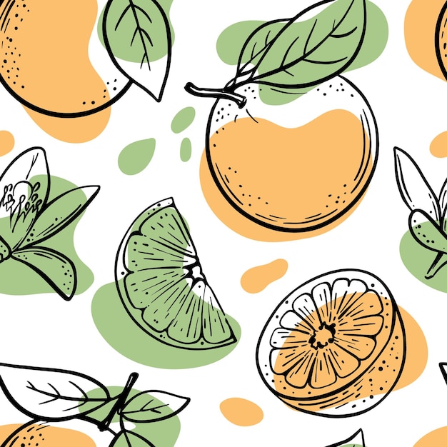 Oranges and slices sketches with orange and green color splashes seamless pattern on white background