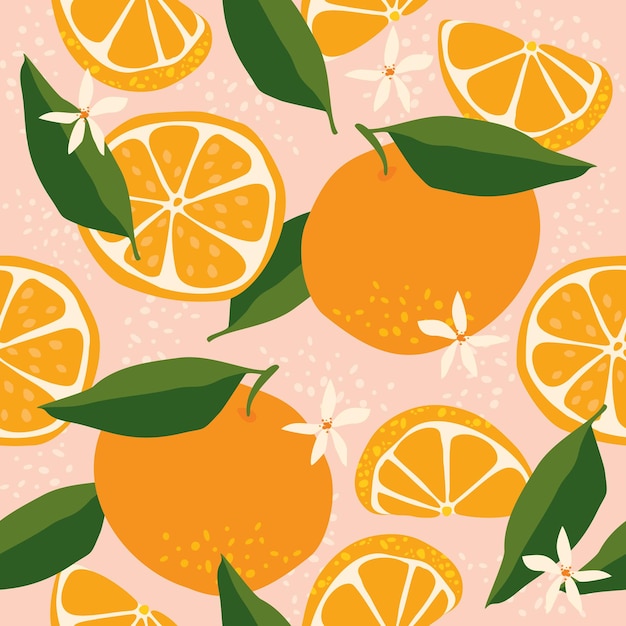 Oranges with flowers and leaves seamless pattern