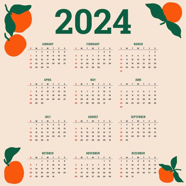 Vector oranje achtergrond zomer 2024 nieuwjaarsschema kalender lay-out vector