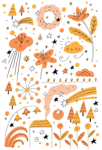 Vector oranje bloem en huis fantasie illustratie