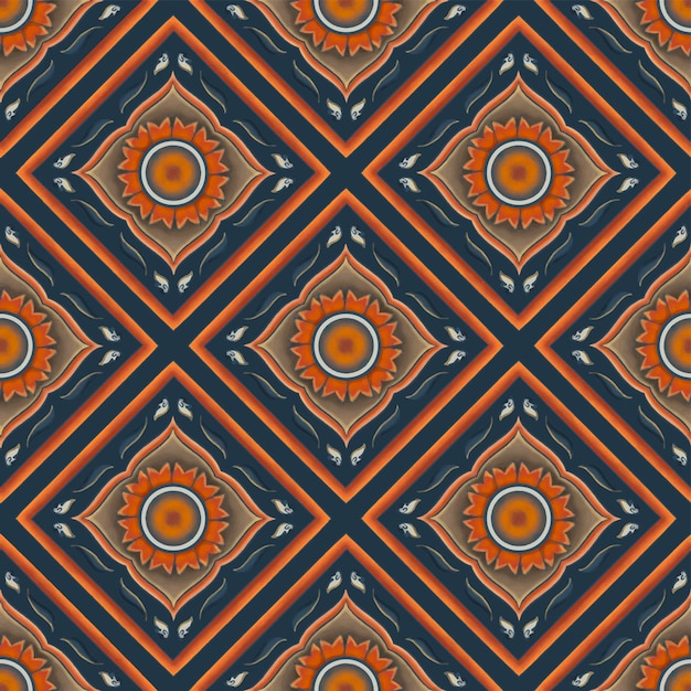 Oranje Bloem op Indigo Blauw Geometrisch etnisch Oosters patroon traditioneel Ontwerp voor achtergrondtapijtbehangkledingverpakkingBatikstof Vector illustratie borduurstijlxA