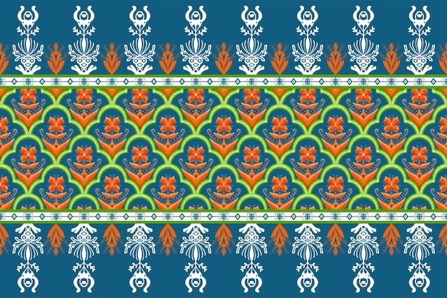 Oranje bloem op indigo blauw groen geometrische etnische oosterse patroon traditioneel ontwerp voor achtergrondtapijt, behang, kleding, verpakken, batikstof, vector, illustratie, borduurwerk, stijl