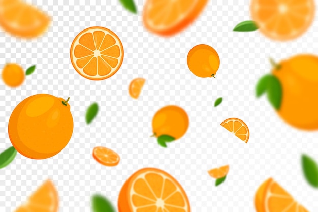 Oranje citrus achtergrond vliegende sinaasappel met groen blad op transparante achtergrond oranje vallen vanuit verschillende hoeken gerichte en wazige objecten platte cartoon vector