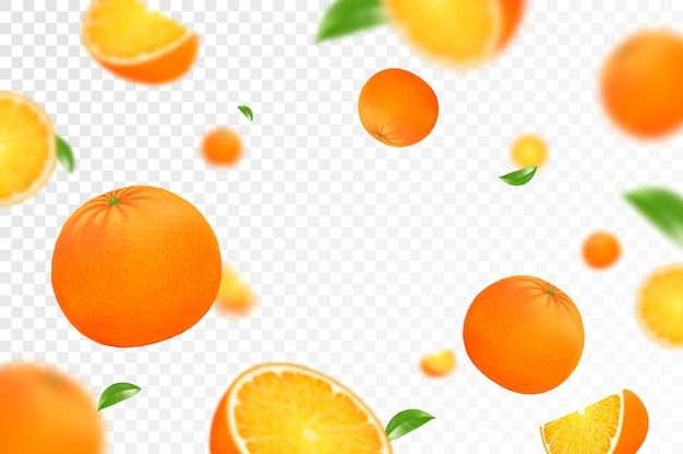 Oranje citrus achtergrond Vliegende sinaasappel met groen blad op transparante achtergrond Oranje valt vanuit verschillende hoeken Gerichte en wazige objecten Realistische 3D-vectorillustratie