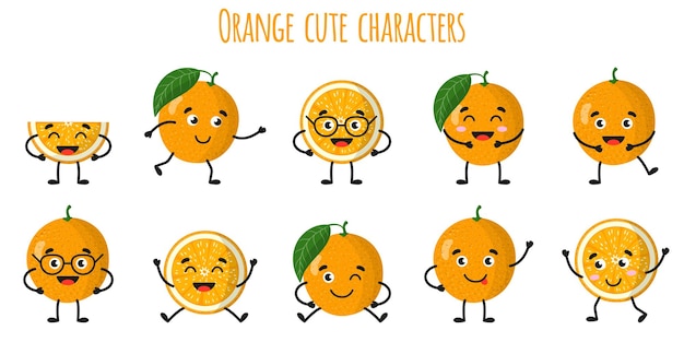 Oranje citrusvruchten leuke grappige vrolijke karakters met verschillende poses en emoties. Natuurlijke vitamine antioxidant detox voedsel collectie. cartoon geïsoleerde illustratie.