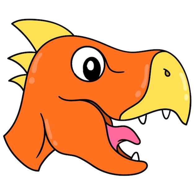 Oranje dinosaurus monster hoofd eng gezicht glimlachen, vector illustratie karton emoticon. doodle pictogram tekening