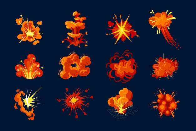 Oranje dynamiet explosieve wolken cartoon afbeelding instellen. Boom, crash, knal van explosieve elementen voor stripboek platte vectorillustratie geïsoleerd op een witte achtergrond. Vuur, rook concept