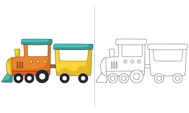 Oranje en gele klassieke trein kleurplaat voor kinderactiviteiten