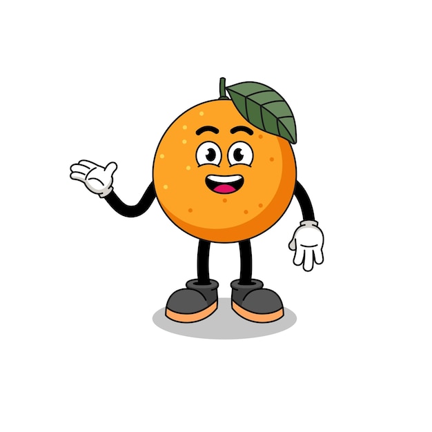 Oranje fruit cartoon met welkom pose karakterontwerp