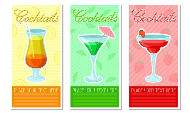 Oranje groene en roze aardbeien cocktail met het beeld van dranken en de inscriptie alsjeblieft uw tekst hier vector illustratie