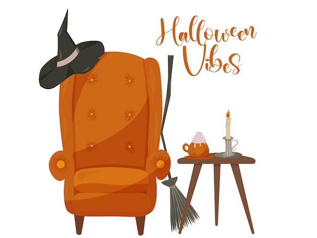 Oranje hygge heksenstoel met salontafel, bezem, latte en kaars, Halloween vibes