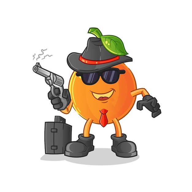 Oranje maffia met pistool karakter cartoon mascotte