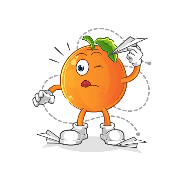 Oranje met papieren vliegtuigje. cartoon mascotte vector