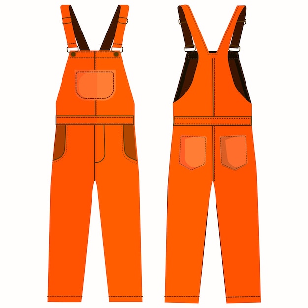 Vector oranje overall voor werkkleding of uniform ontwerp geïsoleerd op witte achtergrond voor- en achteraanzicht