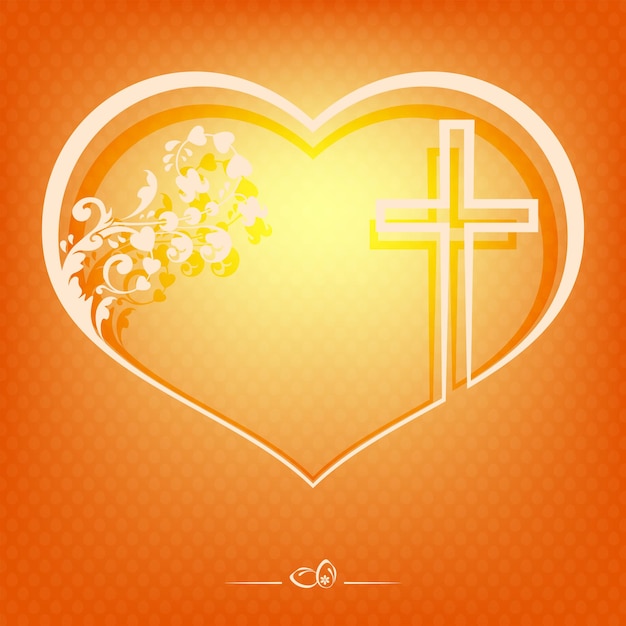 Oranje patroon met een silhouet van het hart met een kruis en patroon van bloemknoppen en bladeren