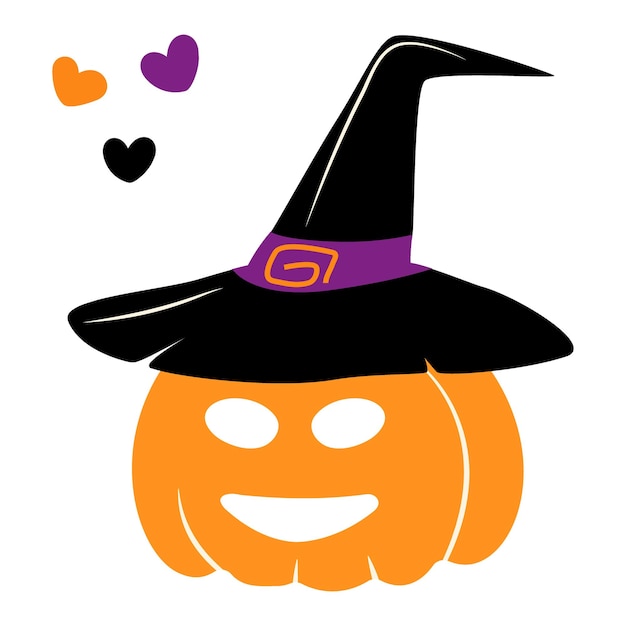 Oranje pompoen in een heksenhoed met lachend gezicht en hartjes rond in trendy Halloween-tinten Vector