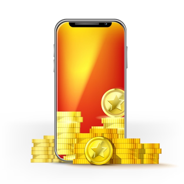 Vector oranje scherm mobiele telefoon met een set van gouden munten. sjabloon voor lay-outspel, mobiel netwerk of technologie, bonussen of jackpot