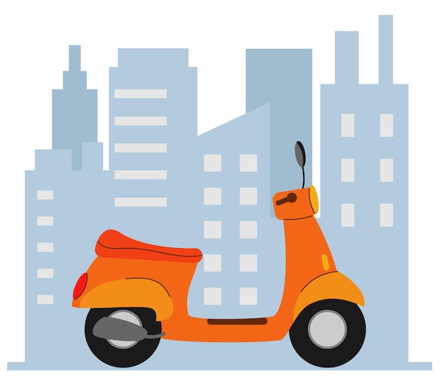 Oranje scooter op de achtergrond van de stad cartoon stijl levering koerier vector illustratie