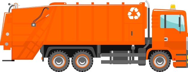 Oranje vuilniswagen met recycle symbool aan de zijkant in vlakke stijl vectorillustratie