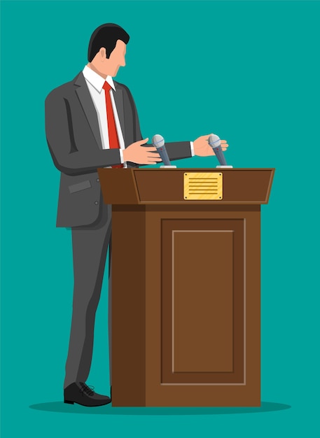 Orator speaking from tribune. public speaker. wooden rostrum with microphones for presentation. stand, podium for conferences, lectures debates. political and ballot. flat vector illustration