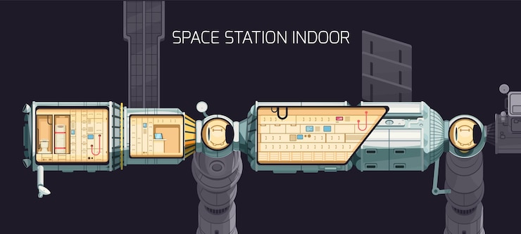 Vector orbital international space station indoor composition and you can look at the station premises from the inside illustration
