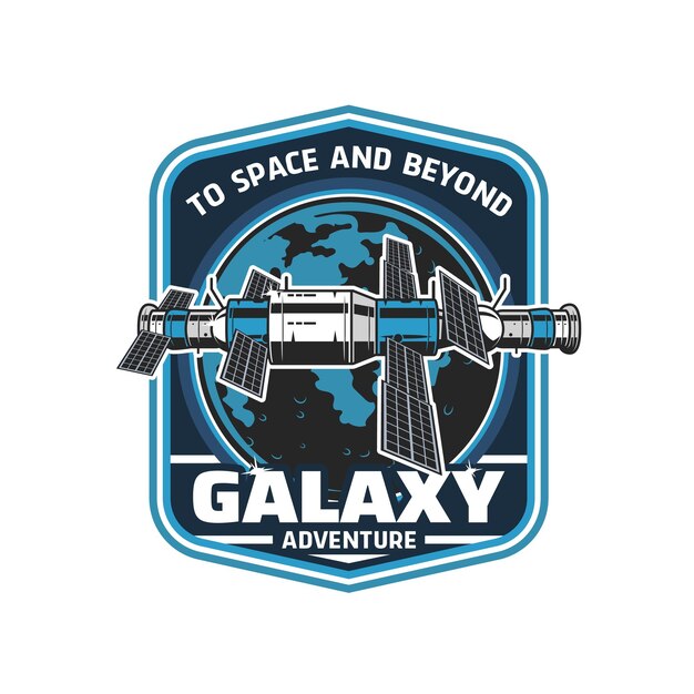 Orbital space station galaxy adventure retro icon