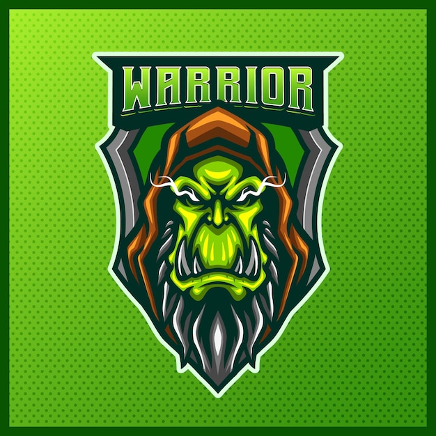 벡터 orc skull gladiator warrior 마스코트 esport 로고 디자인 일러스트레이션 벡터 템플릿, 팀 게임 스트리머 불화를 위한 축 로고가 있는 orc knight, 풀 컬러 만화 스타일