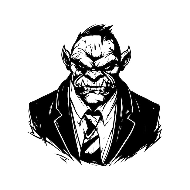 Orc wearing suit vintage logo line art concept black and white color hand drawn illustration