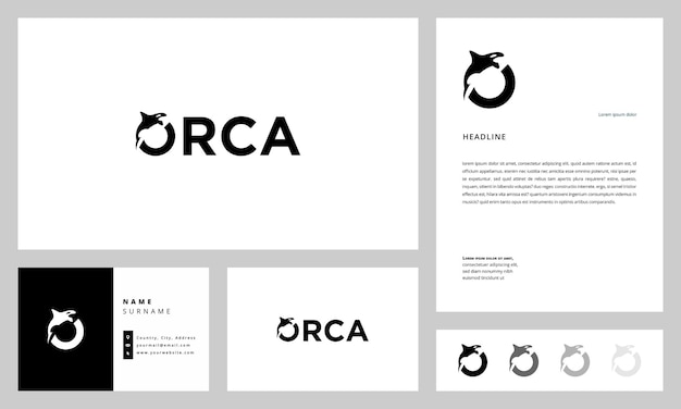 Vector orca whale logo with business card and letterhead