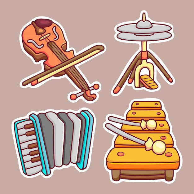 Orchestral musical instrument sticker icons hand drawn coloring vector