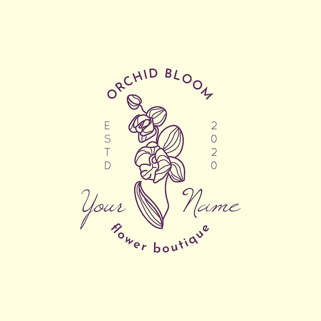 Modello di progettazione del logo dell'orchidea in semplice stile lineare minimale. emblema floreale di vettore e icona per negozio di fiori.