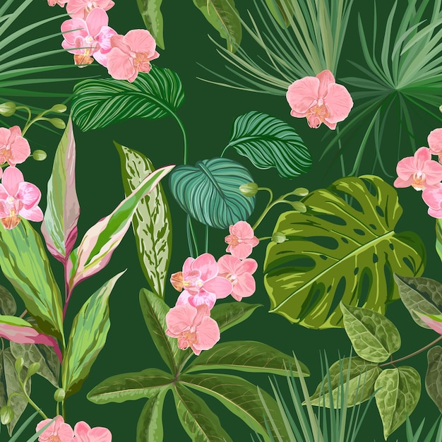 Orchid, philodendron en monstera achtergrond, naadloze tropische bloemenprint met exotische roze bloemen en groene jungle bladeren. regenwoud planten behang, natuur textiel ornament. vectorillustratie