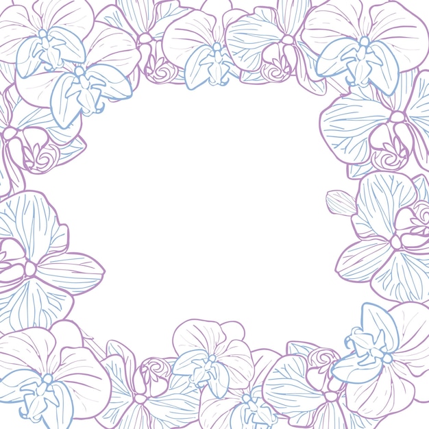Orchid tropical flower wreath banner Vector line art hand drawn illustration for design of card or invite logo coloring page