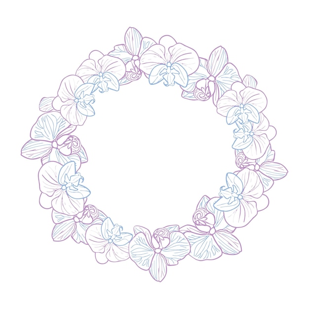 Orchid tropical flower wreath Vector line art hand drawn illustration for design of card or invite logo coloring page