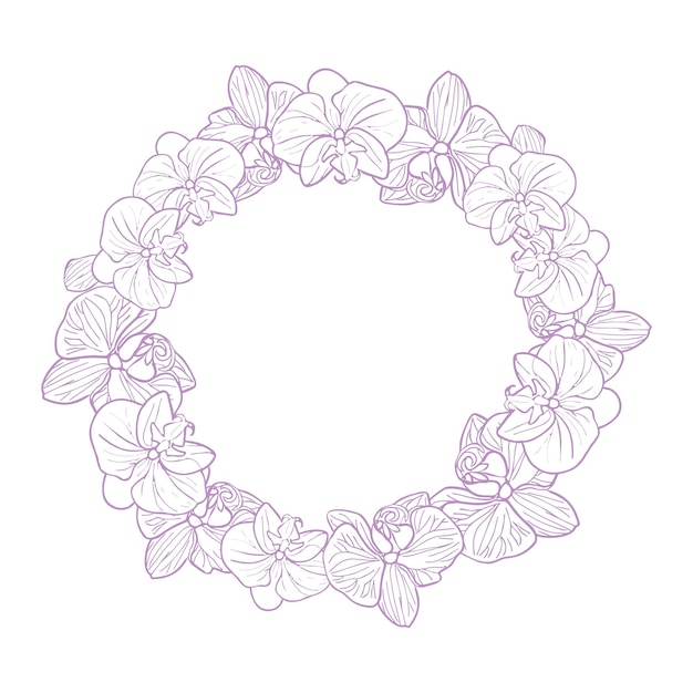 Orchid tropical flower wreath Vector line art hand drawn illustration for design of card or invite logo coloring page