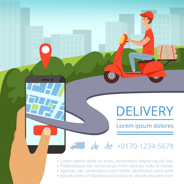 Доставка заказа онлайн. система отслеживания отгрузок мобильных доставщик мотоцикл быстрая доставка пицца коробка городской пейзаж. рисунок