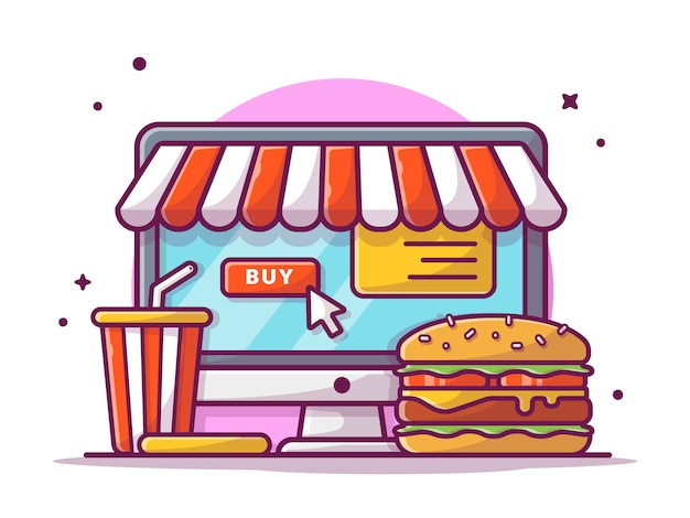 Vettore ordina fast food online con hamburger, patatine fritte e soda, illustrazione bianco isolato