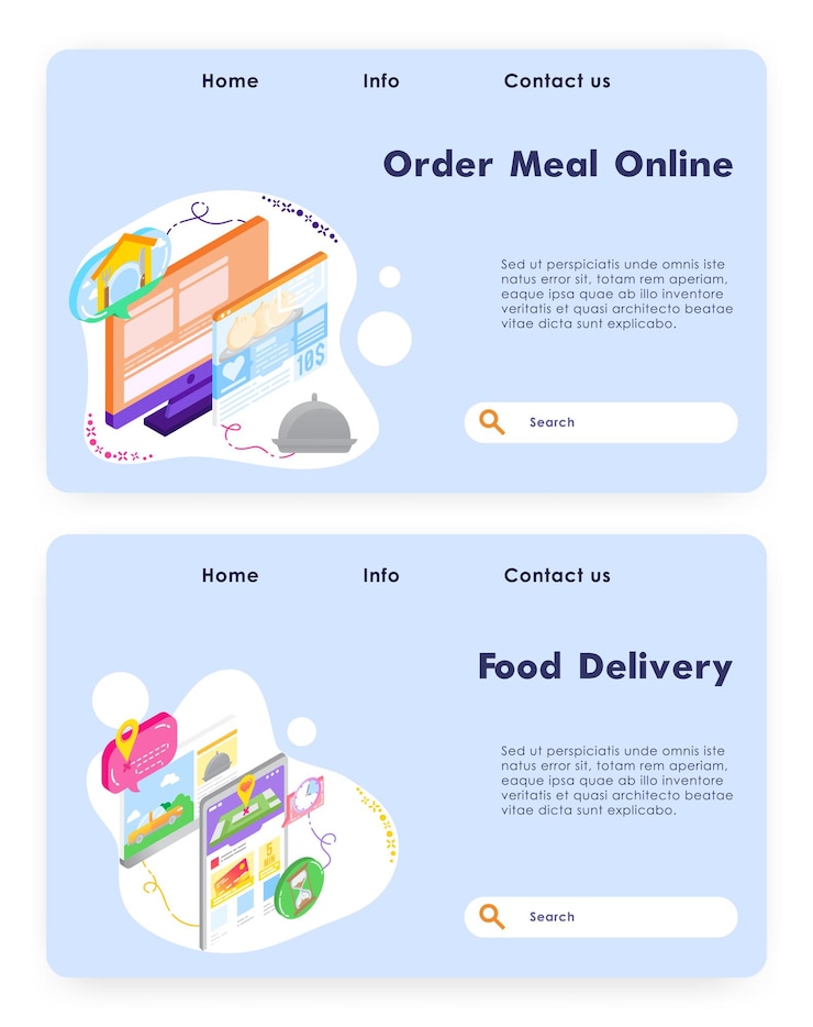 Vector order meal online food fast delivery app vector web site design template landing page website concep...