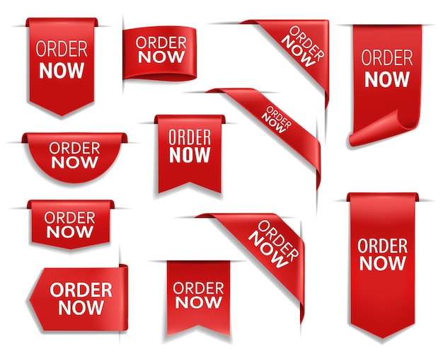 Order now red banners realistic vector ribbons