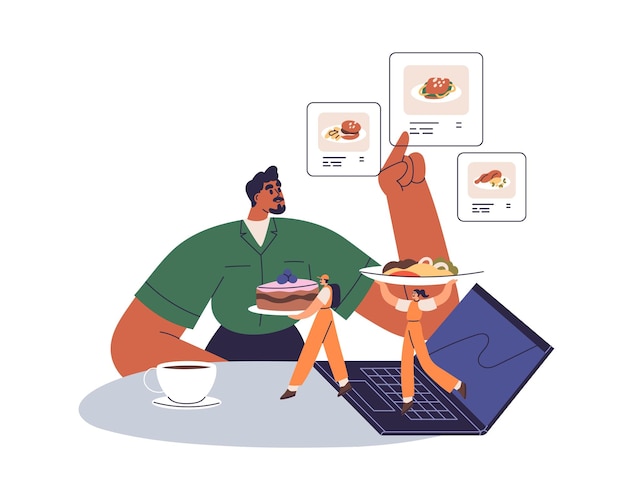 온라인 음식 주문 및 배달 개념: 집에서 노트북 컴퓨터에서 인터넷을 통해 식사를 선택하는 사람, 배달하는 택배,  바탕에 고립된 평평한 그래픽 터 일러스트레이션