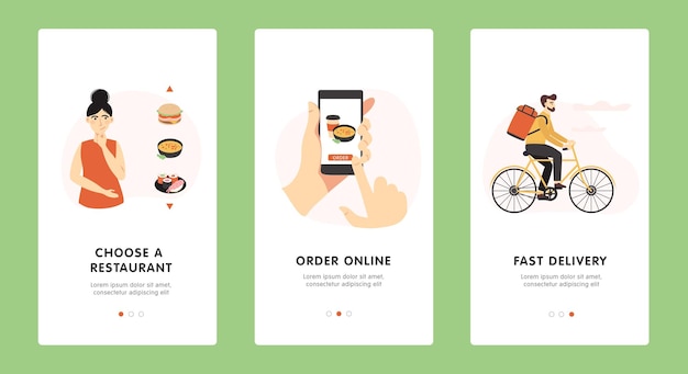 Ordina online il cibo per l'onboarding dell'app mobile schermate il design del modello di banner immagine del concetto vettoriale illustrazione del fumetto