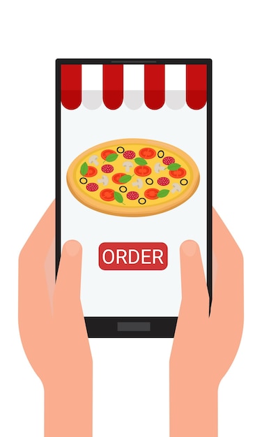 Ordina la pizza tramite l'app mobile su telefono o tablet illustrazione vettoriale piatta