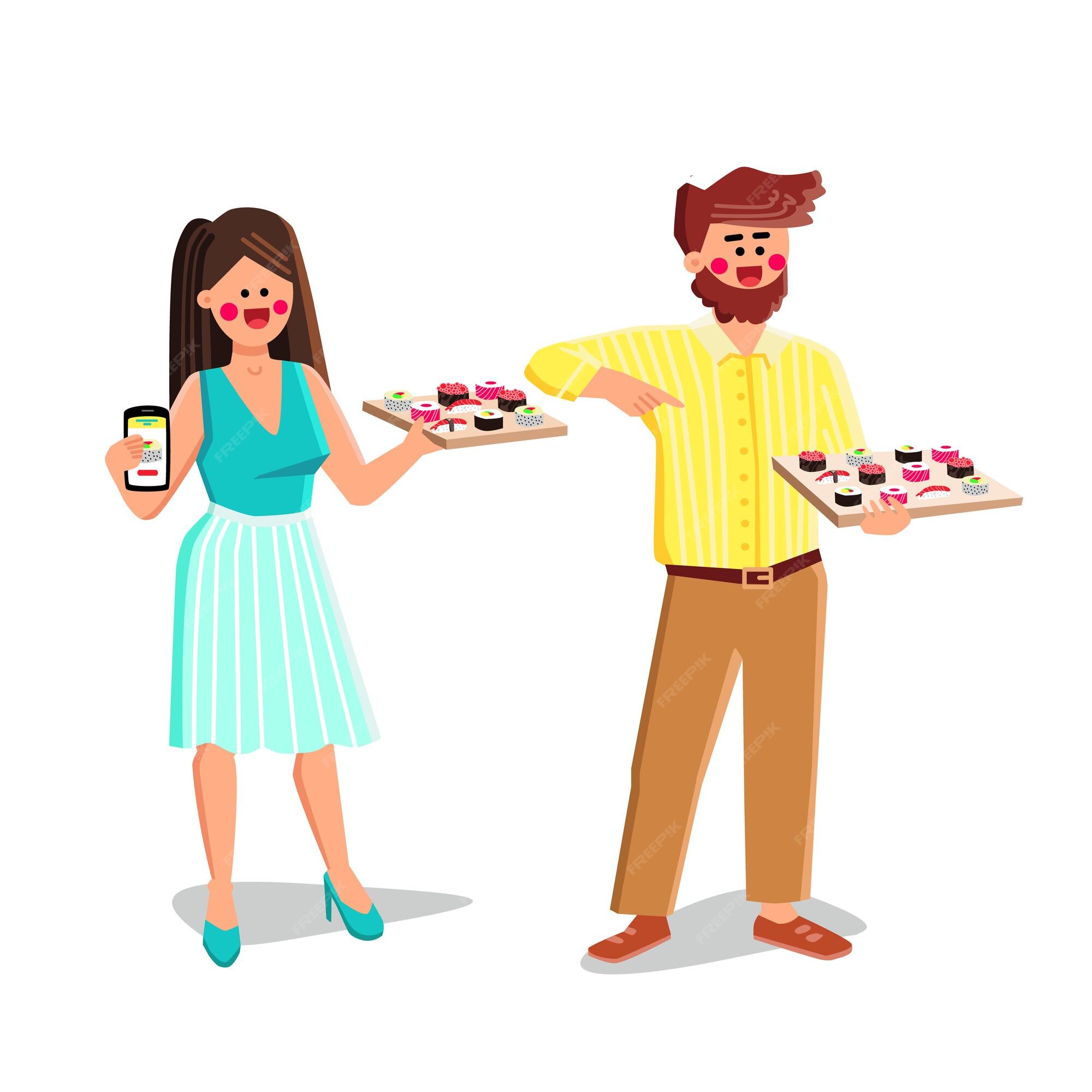 Premium Vector | Order sushi food man and woman together vector. young boy  and girl order sushi meal in smartphone application. characters online  ordering japanese nutrition flat cartoon illustration