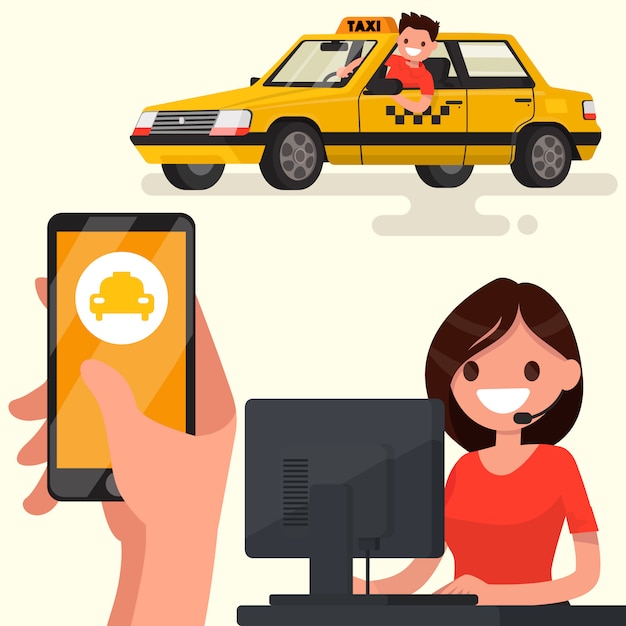Vettore ordina un taxi tramite l'app sull'illustrazione del telefono
