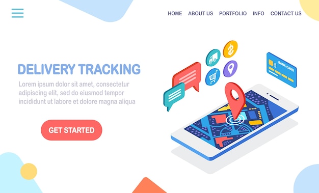 Tracciamento dell'ordine. telefono isometrico con app di servizio di consegna. spedizione di box, trasporto merci.