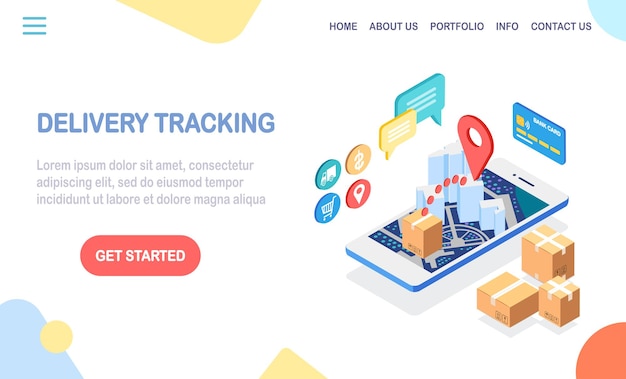 ベクトル 注文追跡。配達サービスアプリ付き携帯電話。パッケージの発送、貨物輸送