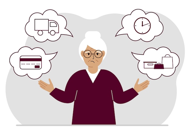 Ordering and delivery process concepts. Sad grandmother and steps of a delivery order. Payment, delivery car, waiting hours and goods and purchases.