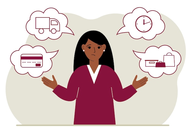 Ordering and delivery process concepts. Sad woman and steps of a delivery order. Payment, delivery car, waiting hours and goods and purchases. Vector flat illustration